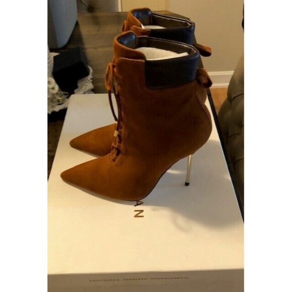 NIB $275 GOOD AMERICAN SCANDAL TOBACCO BROWN SUEDE STILETTO BOOTS SIZE 8 - Picture 5 of 10